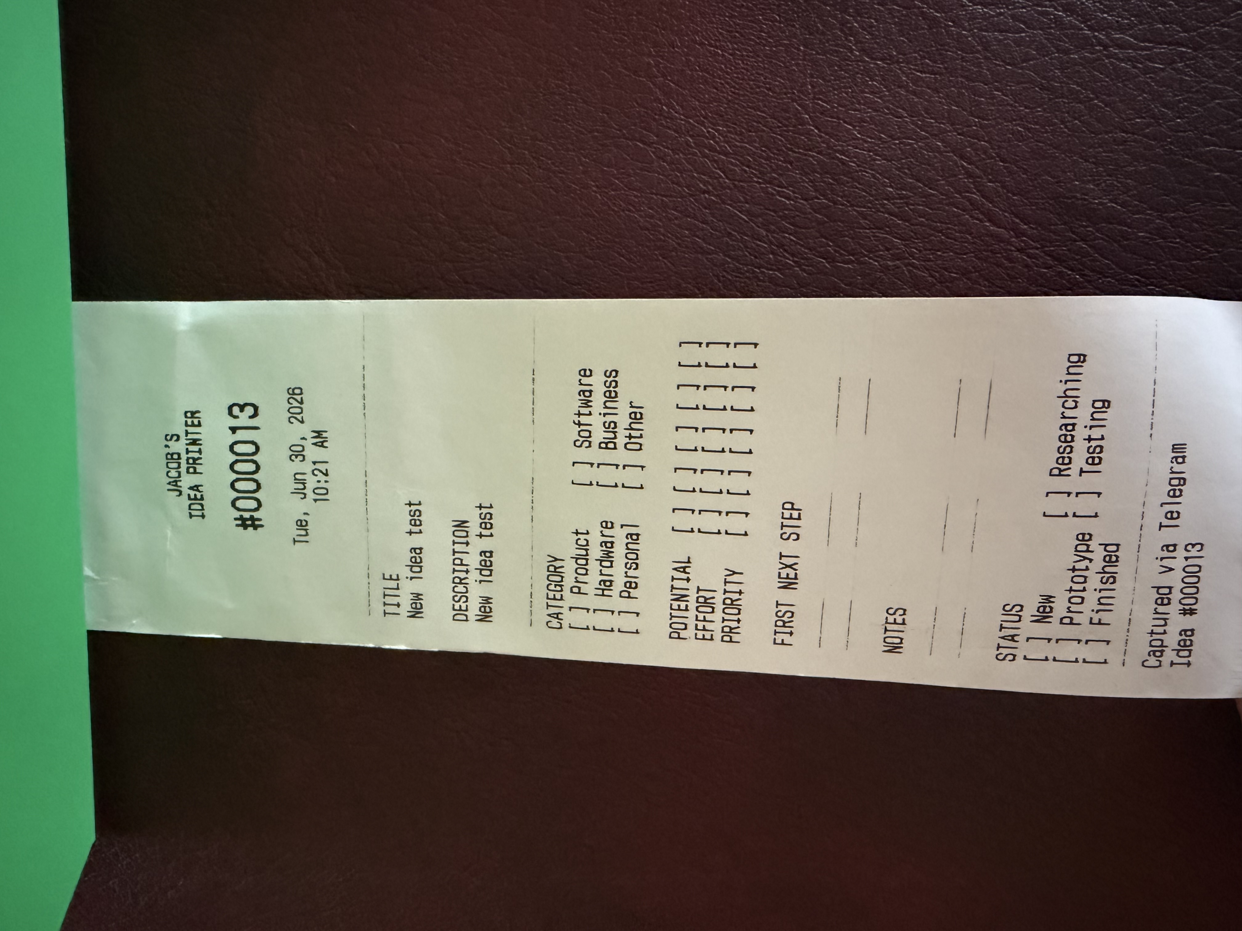 Printed idea receipt