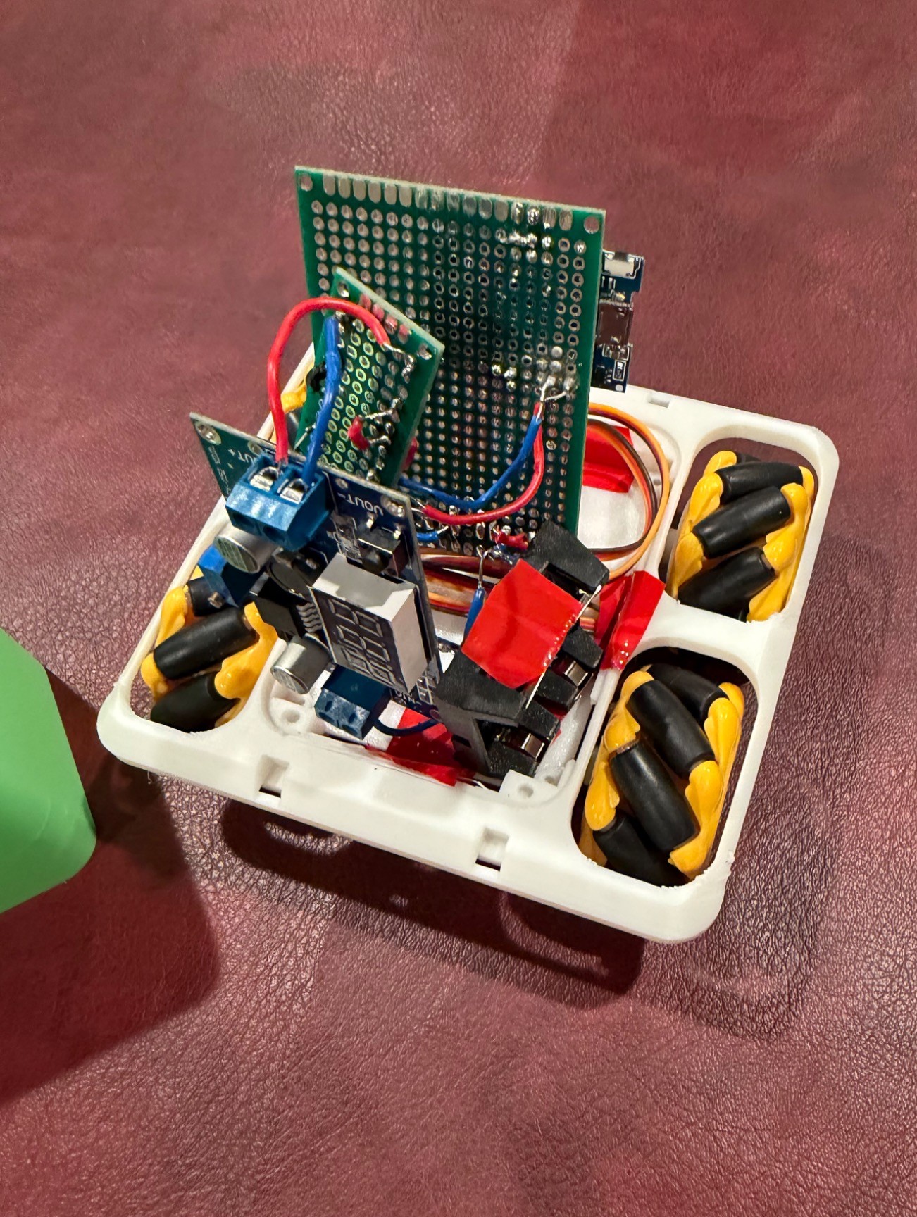 Mecanum robot electronics and wiring with enclosure removed