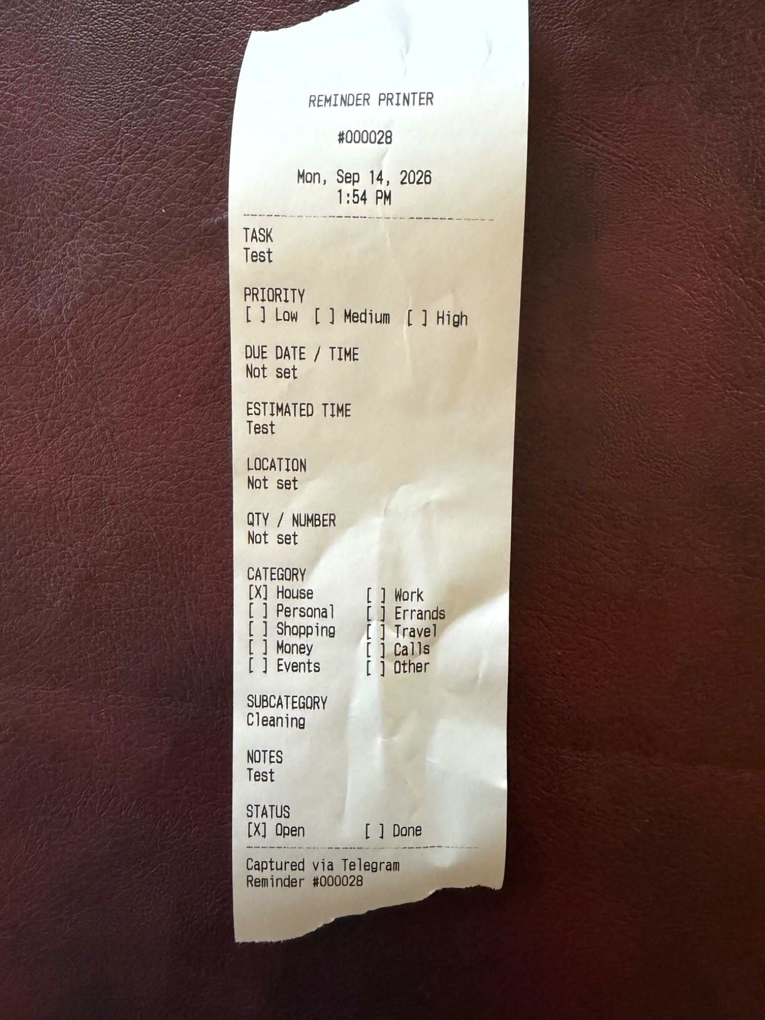 Printed reminder receipt